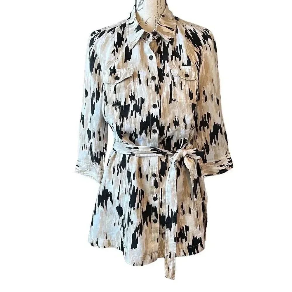 Style & Co Southwestern Linen Shirt Dress Belted Tunic Blouse 12